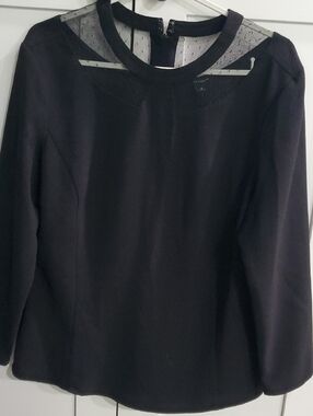 Ann Taylor Black Long-Sleeve Blouse with Sheer Dotted Yoke